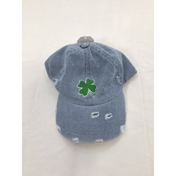 Claires Lucky Distressed Denim Hat with Shamrock 4 Leaf Clover Womens Adjustable - Picture 1 of 2